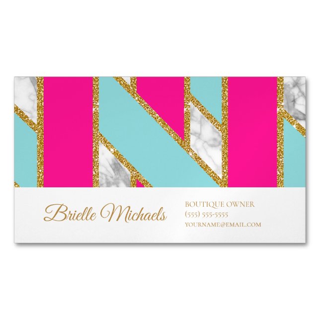 Glitzy Gold Glitter Pink Blue Stripes and Marble Magnetic Business Card (Front)