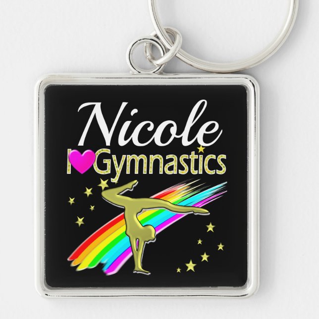 GLITZY GOLD I LOVE GYMNASTICS CUSTOMIZED DESIGN KEYCHAIN (Front)