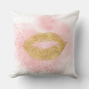 Glitzy Gold Lips Pink Confetti Kiss Throw Pillow