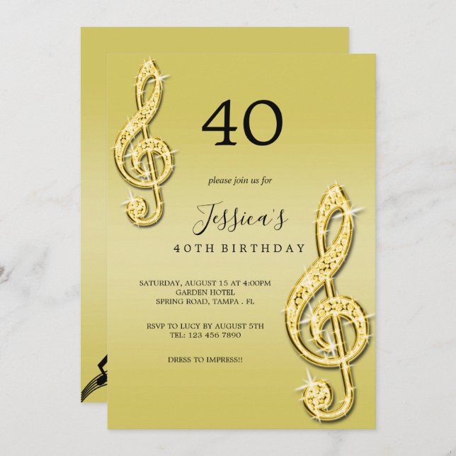 Glitzy Gold Music Notes Birthday Invitation (Front/Back)