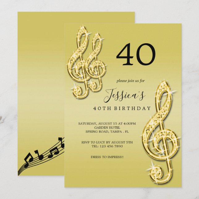 Glitzy Gold Music Notes Birthday Invitation (Front/Back)