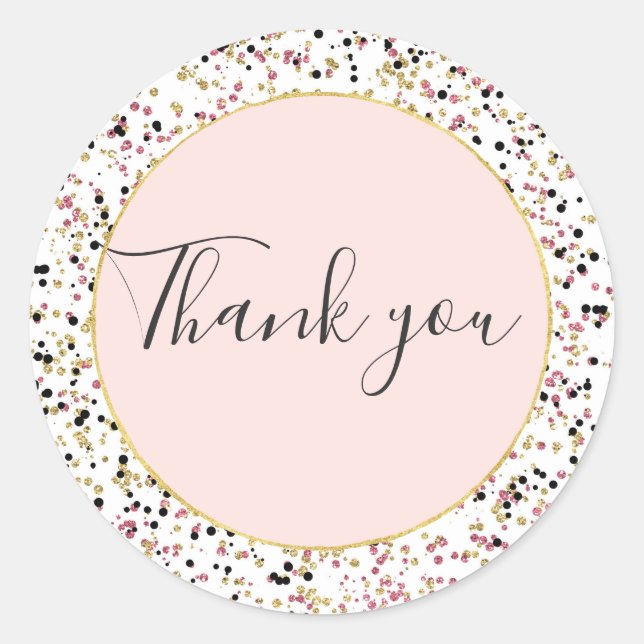 Glitzy Gold Pink Black Confetti Dots Thank you Classic Round Sticker (Front)