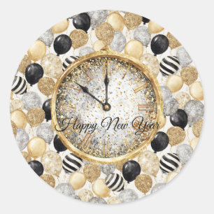 Glitzy Gold Silver Black New Year's Balloons Classic Round Sticker