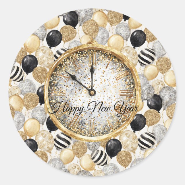 Glitzy Gold Silver Black New Year's Balloons Classic Round Sticker (Front)