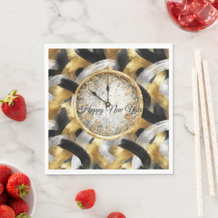 Glitzy Gold Silver Black New Year's Clock Napkin