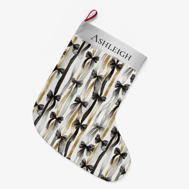 Glitzy Gold Silver Black Ribbons Bows Christmas Large Christmas Stocking (Front (Hanging))
