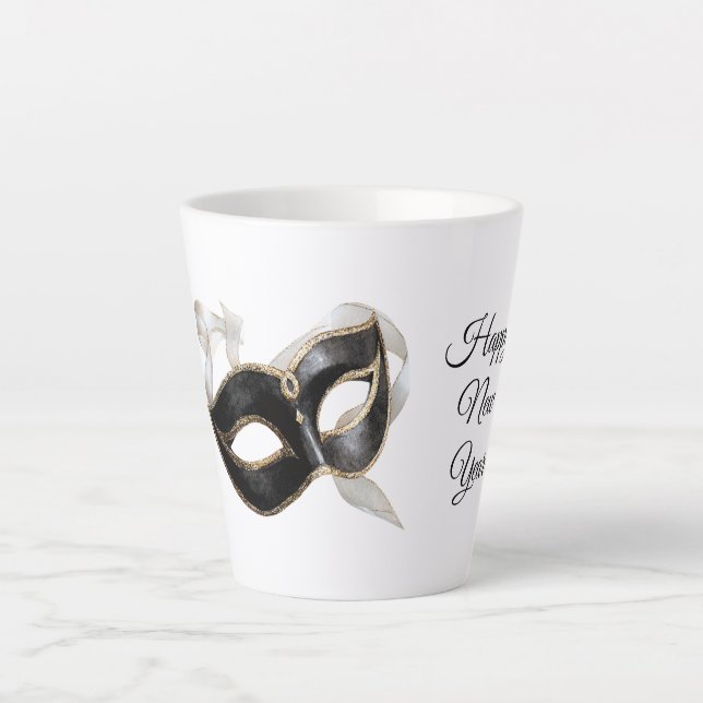 Glitzy Gold Silver New Year Black Mask Latte Mug (Front)