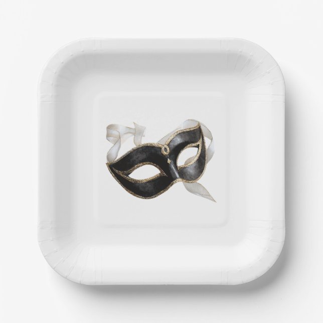 Glitzy Gold Silver New Year Black Mask Paper Plate (Front)