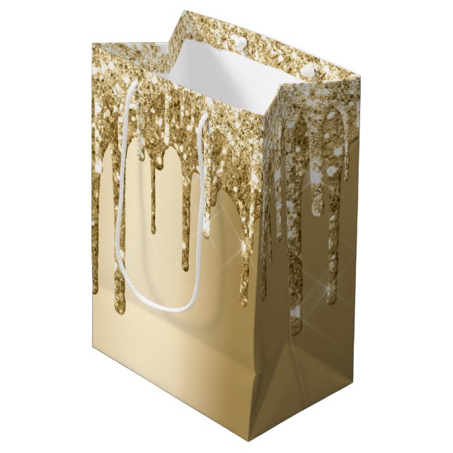 Glitzy Gold Sparkle Glitter Drips Birthday Medium Gift Bag (Front Angled)