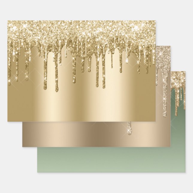 Glitzy Gold Sparkle Glitter Drips Birthday Wrapping Paper Sheet (Set)