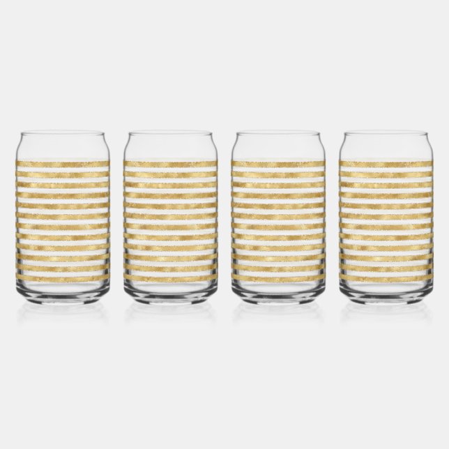 Glitzy Gold White Glam Glitter Sparkle Stripes     Can Glass (Front)