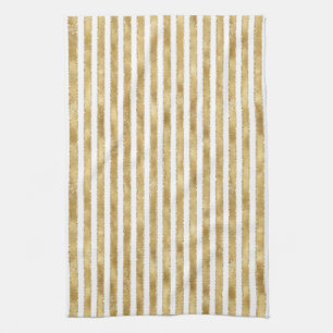 Glitzy Gold White Glam Glitter Sparkle Stripes     Kitchen Towel