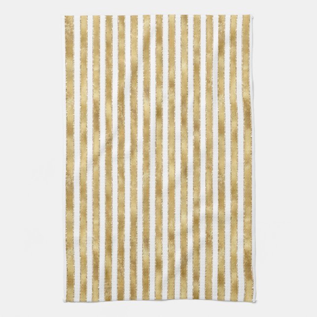 Glitzy Gold White Glam Glitter Sparkle Stripes     Kitchen Towel (Vertical)