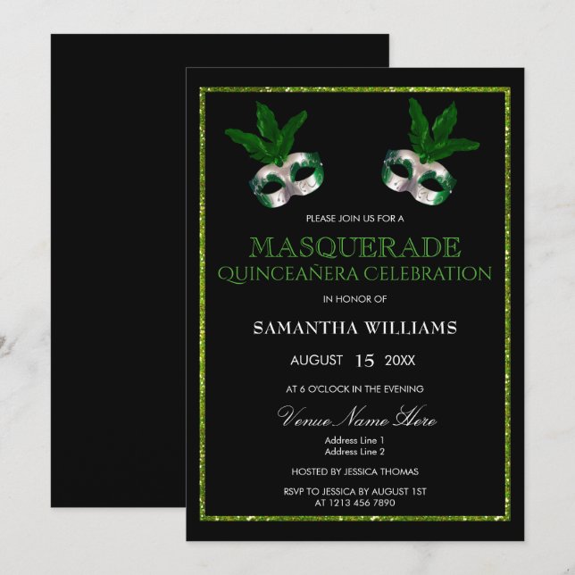 Glitzy Green Glitters Masquerade Quinceañera Invitation (Front/Back)