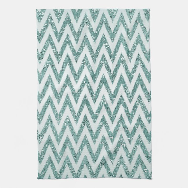 Glitzy Green White Chevron Stripes Christmas Kitchen Towel (Vertical)