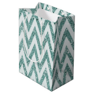 Glitzy Green White Chevron Stripes Christmas Medium Gift Bag