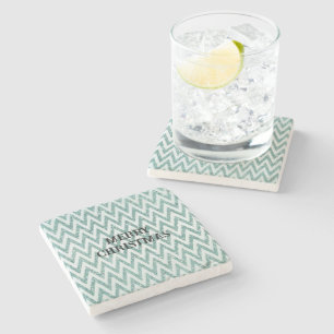 Glitzy Green White Chevron Stripes Christmas Stone Coaster