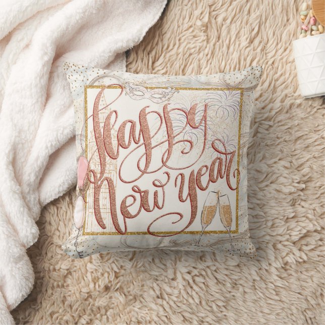 Glitzy Happy New Year Script Rose Gold Ivory Throw Pillow (Blanket)