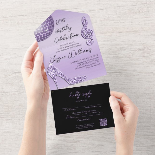 Glitzy Lilac & Black 30th Birthday QR Code All In One Invitation (Tearaway)