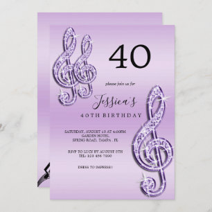 Glitzy Lilac Music Notes Birthday Invitation