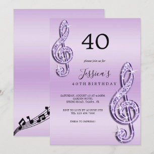 Glitzy Lilac Music Notes Birthday Invitation