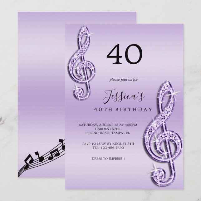 Glitzy Lilac Music Notes Birthday Invitation (Front/Back)