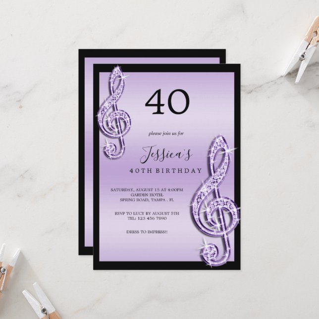Glitzy Lilac Music Notes Birthday Invitation (Front/Back In Situ)