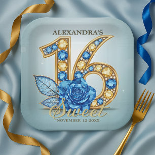 Glitzy Luxury Blue Rose Gold Gemstone Sweet 16 Paper Plate