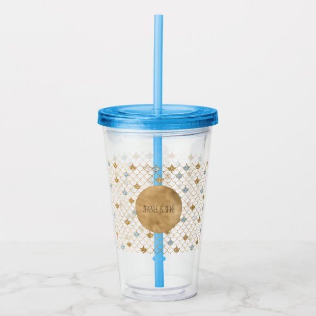 Glitzy Mermaid Blue Gold Sparkle Glitter Acrylic Tumbler (Front)