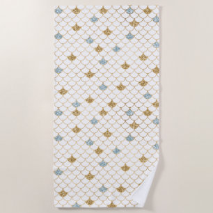 Glitzy Mermaid Blue Gold Sparkle Glitter Beach Towel