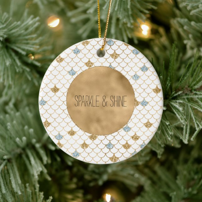 Glitzy Mermaid Blue Gold Sparkle Glitter Ceramic Ornament (Tree)
