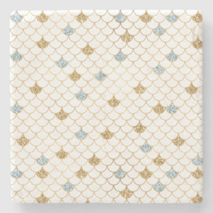 Glitzy Mermaid Blue Gold Sparkle Glitter Stone Coaster