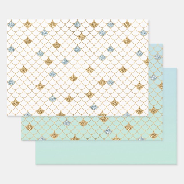 Glitzy Mermaid Blue Gold Sparkle Glitter Wrapping Paper Sheet (Set)