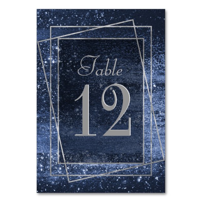Glitzy Minimalism | Navy Blue Dark Glitter Sparkle Table Number (Front)