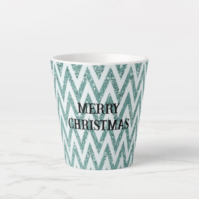 Glitzy Mint Green White Chevron Stripes Christmas Latte Mug (Front)