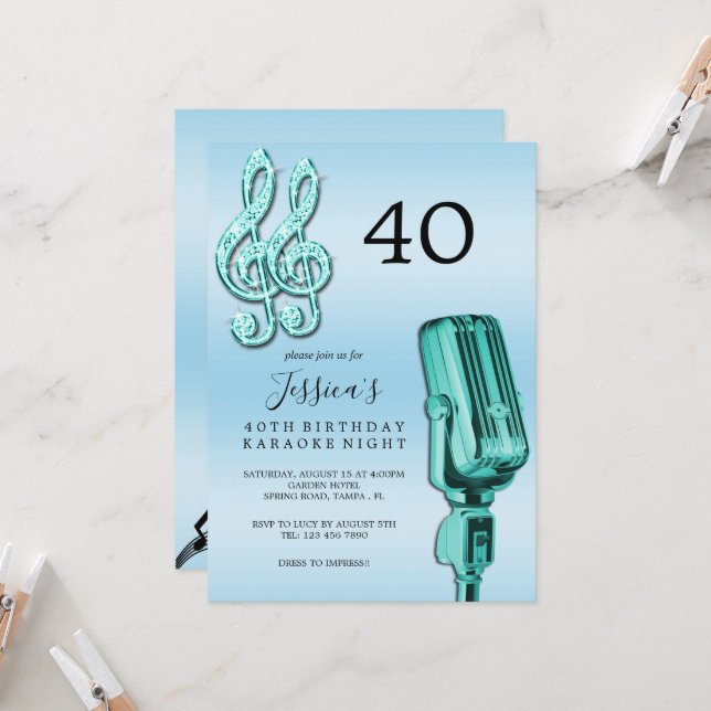 Glitzy Music Note & Microphone Karaoke Birthday In Invitation (Front/Back In Situ)