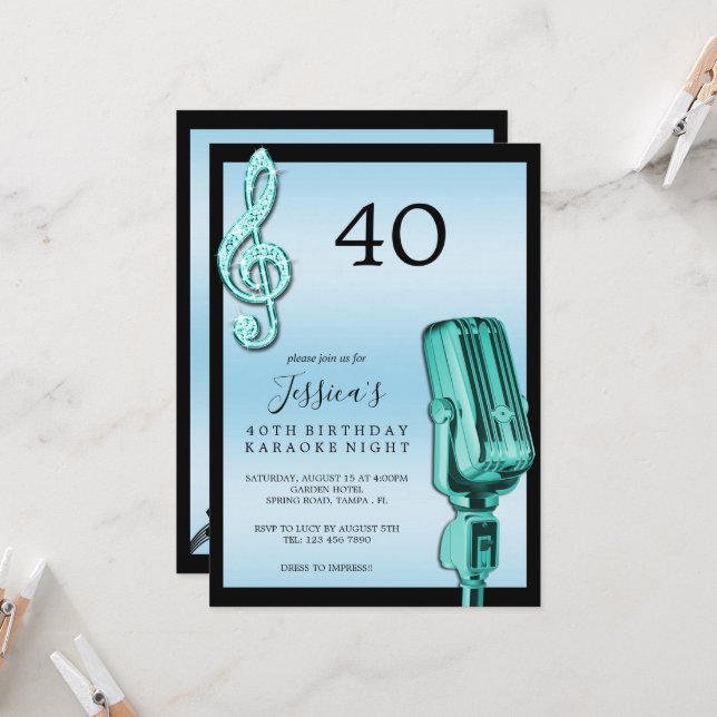 Glitzy Music Note & Microphone Karaoke Birthday In Invitation (Front/Back In Situ)