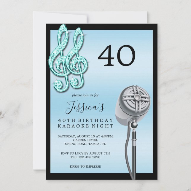 Glitzy Music Note & Microphone Karaoke Birthday In Invitation (Front)