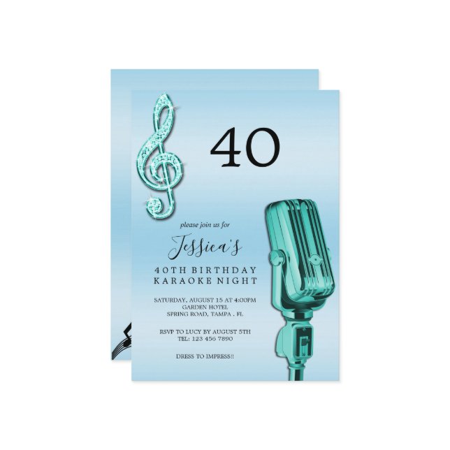 Glitzy Music Note & Microphone Karaoke Birthday In Invitation (Front/Back In Situ)
