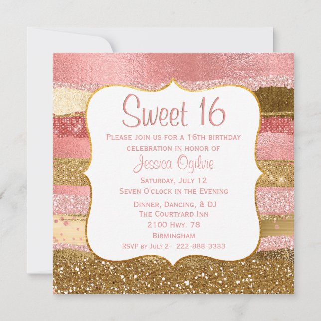 Glitzy Pink and Gold Sweet 16 Birthday Invitation (Front)