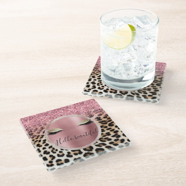 Glitzy Pink Glitter Gold Eyelashes Leopard     Glass Coaster (Angled)
