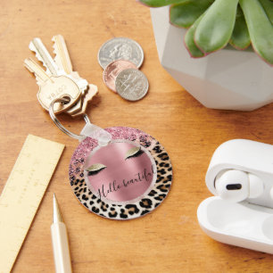 Glitzy Pink Glitter Gold Eyelashes Leopard     Keychain
