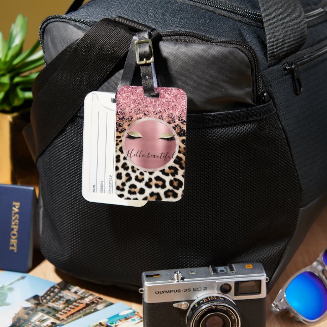 Glitzy Pink Glitter Gold Eyelashes Leopard     Luggage Tag (Front & Back)