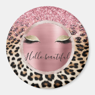 Glitzy Pink Glitter Gold Eyelashes Leopard     Magnet