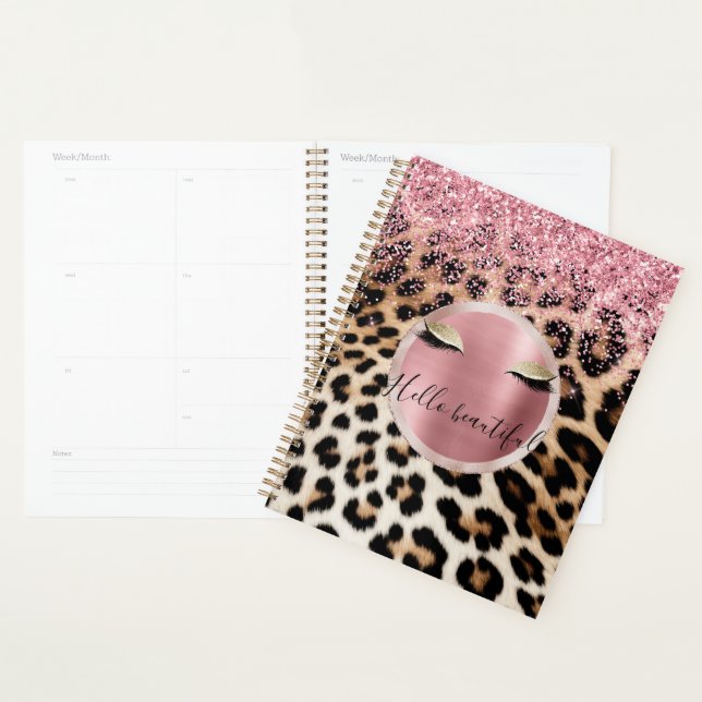 Glitzy Pink Glitter Gold Eyelashes Leopard     Planner (Display)