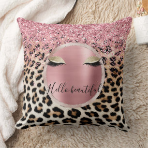 Glitzy Pink Glitter Gold Eyelashes Leopard     Throw Pillow