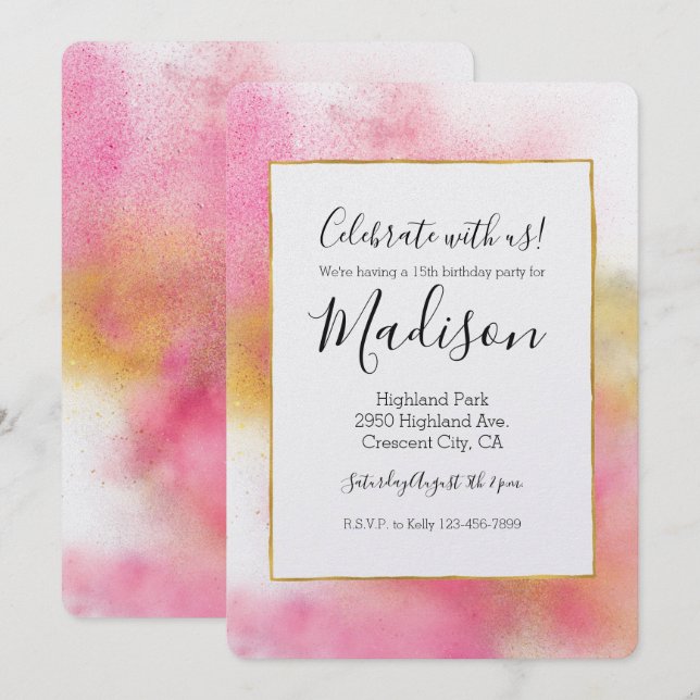 Glitzy Pink Gold White Sparkle and Shine Birthday Invitation (Front/Back)