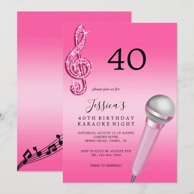 Glitzy Pink Music Notes & Micro Karaoke Birthday Invitation (Front/Back)