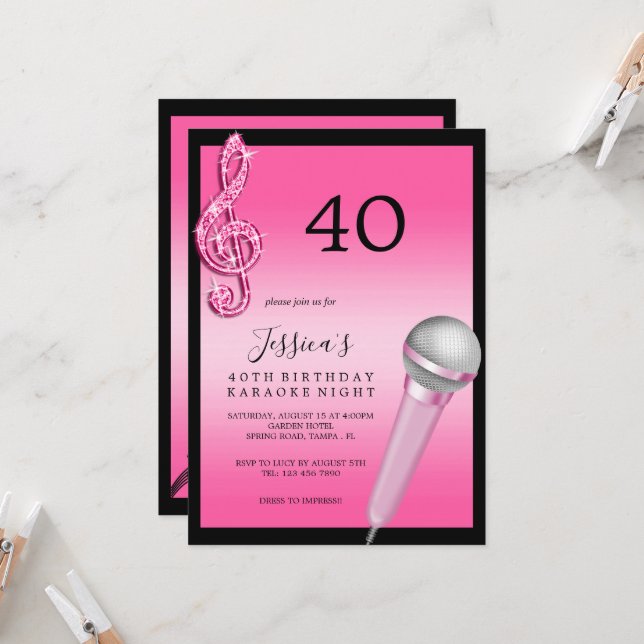 Glitzy Pink Music Notes & Micro Karaoke Birthday Invitation (Front/Back In Situ)