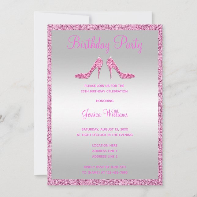 Glitzy Pink Sequins & Stilettos 25th Birthday Invitation (Front)